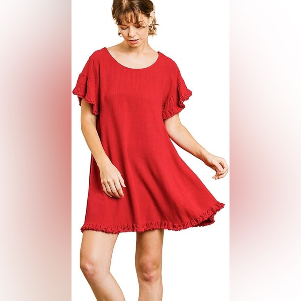 Umgee Red Short Ruffle Sleeve A-line Dress with Pockets (Small)